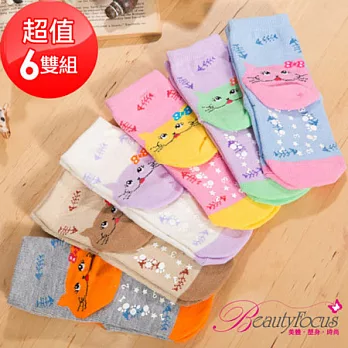 【BeautyFocus】(6雙組)貓咪腳跟造型止滑童襪017-4六色各1