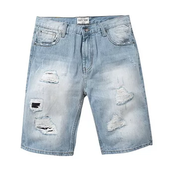 【CACO】CACO SURF．美式休閒．刷色破損牛仔短褲(男)L淺藍