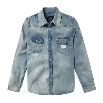 【CACO】NAVY．獨家經銷．雙口袋水洗牛仔長袖襯衫(男)S藍色