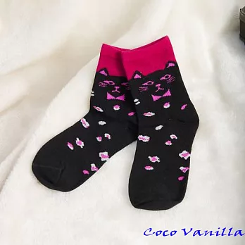【Coco Vanilla】撞色貓咪棉質女襪 (桃紅)