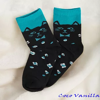 【Coco Vanilla】撞色貓咪棉質女襪 (湖綠)