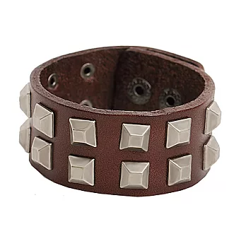 A+ accessories 龐克風雙排方形鉚釘皮革手環 (褐)