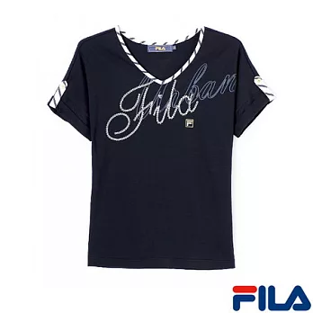 FILA女性V領印花上衣5TEN-1711-NV-XL學院藍