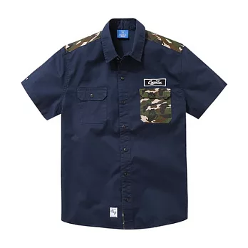 【CACO】CACO ST．美式街頭． 拼接迷彩口袋短袖襯衫(男)M丈青