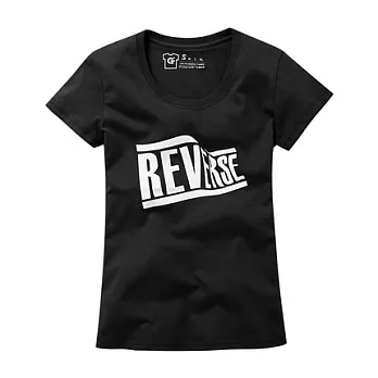 【CACO】GRAPHIC T．設計圖像．REVERSE扭轉膠印短T(女)S黑