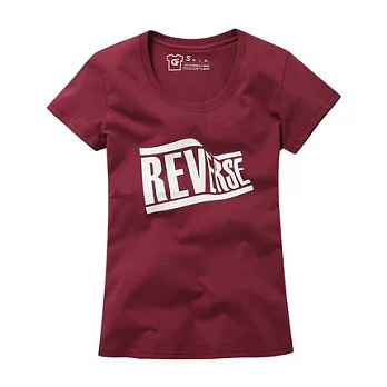 【CACO】GRAPHIC T．設計圖像．REVERSE扭轉膠印短T(女)S酒紅
