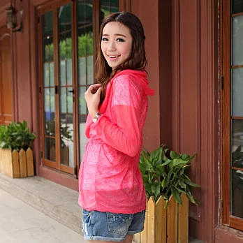 Seoul Show 防曬連帽綁帶透膚罩衫薄外套 西瓜紅