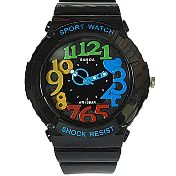 Watch-123 彩色寶貝 美式風格七彩運動腕錶(黑色)