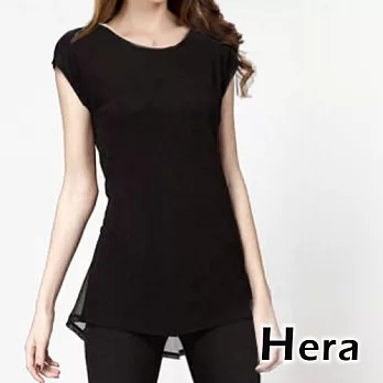 【Hera】赫拉 歐美風純色綿質圓領雪紡燕尾拼接短袖長版T恤(黑色)