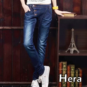 【Hera】赫拉 斜排扣彈力哈倫泡泡顯瘦小腳窄管牛仔褲(深藍色)２７號