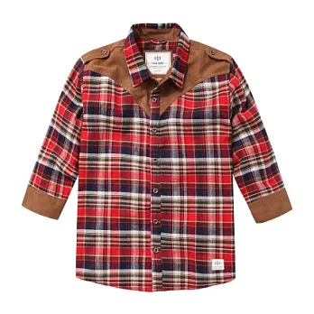 【CACO】CACO SURF．美式休閒．麂皮肩七分袖格紋襯衫(男)S深紅