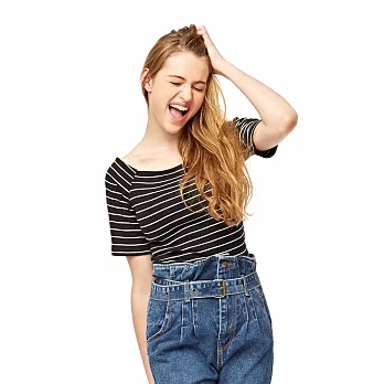 【CACO】CACO SURF．美式休閒．條紋一字領上衣(女)FREE黑