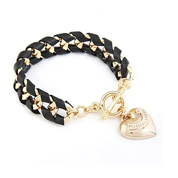 A+ accessories 歐美時尚金色桃心掛飾編織手鍊(黑色)
