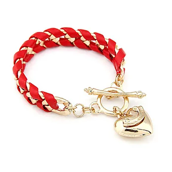 A+ accessories 歐美時尚金色桃心掛飾編織手鍊(紅色)