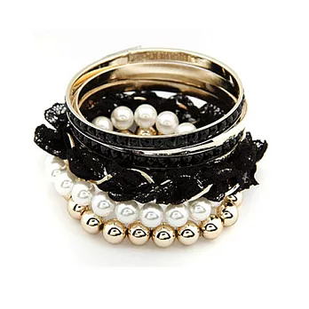 A+ accessories 韓國時尚公主蕾絲珍珠多層次7件組手環(黑色)