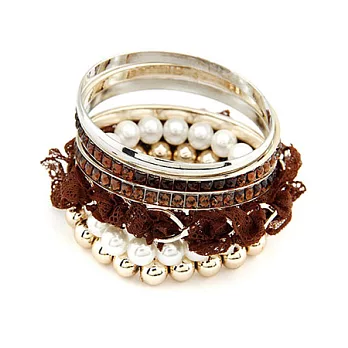 A+ accessories 韓國時尚公主蕾絲珍珠多層次7件組手環(棕色)