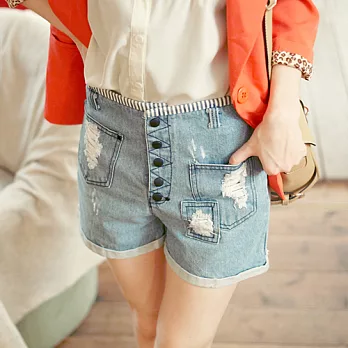 ROSE。韓版人氣約會款高腰牛仔短褲 藍系S