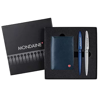 Mondaine 瑞士國鐵牛皮信用卡夾+灰藍對筆禮盒組