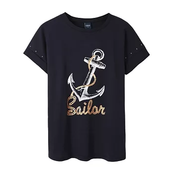 【CACO】CACO SURF．美式休閒．海錨圖騰膠印長版短T(女)FREE丈青