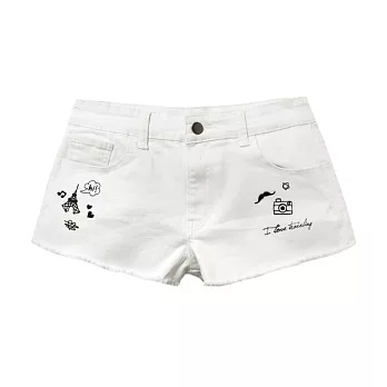 【CACO】GRAPHIC T．設計圖像．可愛小圖抓破短褲(女)L白