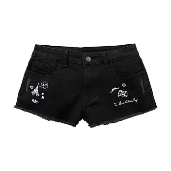 【CACO】GRAPHIC T．設計圖像．可愛小圖抓破短褲(女)S黑