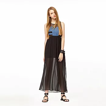 【CACO】CREAM PUNK．透視拼雪紡長洋裝(女)M海軍藍