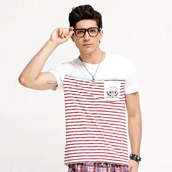 【Bés Carol】男式色織條紋拼接貼袋T恤(吸排)L色織條紅色