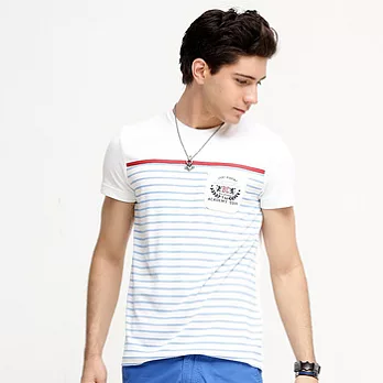 【Bés Carol】男式色織條紋拼接貼袋T恤(吸排)L色織條藍色