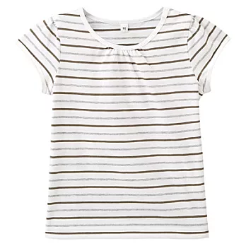 [MUJI 無印良品]女幼有機棉每日兒童服法式袖T恤80卡其綠橫紋