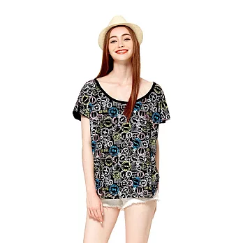 【CACO】GRAPHIC T．設計圖像．繽紛郵戳寬版上衣(女)FREE黑