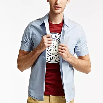 【CACO】CACO SURF．美式休閒．牛津拼條紋短袖襯衫(男)M藍色