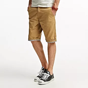 【CACO】CACO SURF．美式休閒．拼牛仔反折條紋短褲(男)S駝色