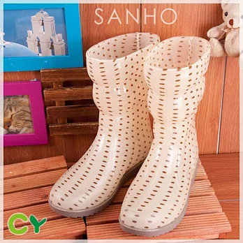 【Sanho】 時尚圓點長雨靴／圓點米黃9.5米黃
