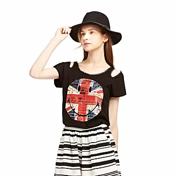 【CACO】SMILEY．授權款．英國國旗鉚釘裸肩上衣(女)FREE黑