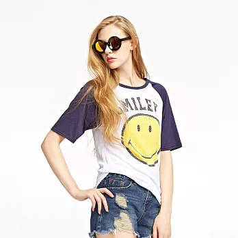 【CACO】SMILEY．授權款．笑臉拉克蘭五分袖T(女)S白