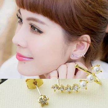 ECO安珂．漸層大小排鑽墜珍珠耳骨夾配單鑽 耳環(純銀耳針)(2色)金色