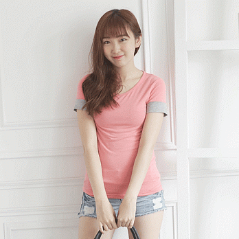 ROSE。雅緻新作袖反折彈性配色T恤 粉系