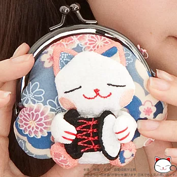 【和風招財貓】日本˙開運鈴鐺貓咪珠扣零錢包（樂鼓˙藍色）