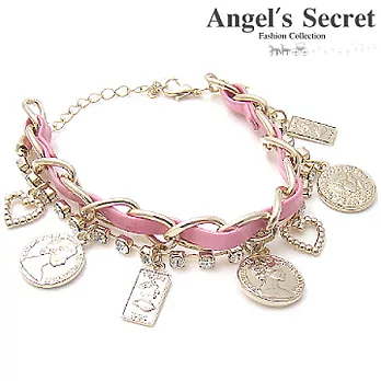 【Angel’s Secret】法藍希金幣˙晶鑽皮革雙圈手鍊(金˙粉紅)
