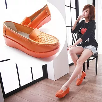 【Moscova】手工真皮系列。獨特菱格鞋面設計真皮搖搖鞋40橘色