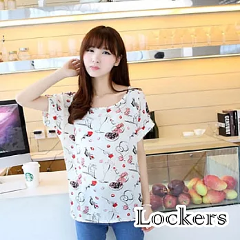 【Lockers 木櫃】雪紡清涼印花寬鬆T恤/上衣(四款花色任選)玫瑰圖