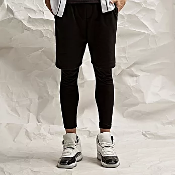 【CACO】CACO ST．美式街頭．假兩件式皮飾棉內搭褲(男)S黑