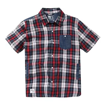 【CACO】CACO ST．美式街頭．牛仔口袋拼格紋短袖襯衫(男)S丈青