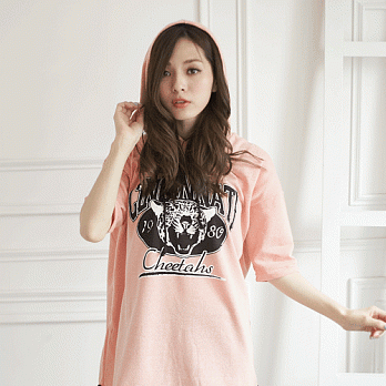 ROSE。龐克甜心老虎圖案滾邊連帽T恤 粉橘系