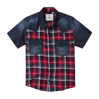 【CACO】Caco SURF-刷色牛仔格紋短袖襯衫-男S深紅