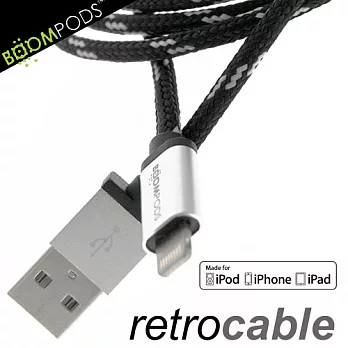 BOOMPODS retrocable MFI Lightning USB Apple認證iPhone5充電傳輸線(黑蟒)