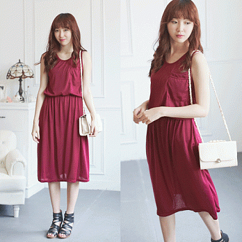 ROSE。自然無印口袋連身長裙 酒紅系