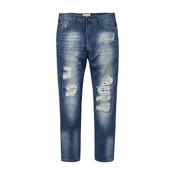 【CACO】Caco SURF-刷色抓破壓印牛仔長褲-男S藍色