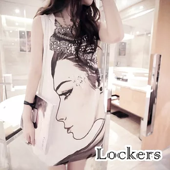 【Lockers 木櫃】復古民族女王風寬鬆顯瘦無袖上衣/連衣裙(白色)