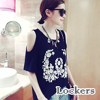 【Lockers 木櫃】韓版復古抽象花紋寬鬆露肩T恤(三色任選)黑色